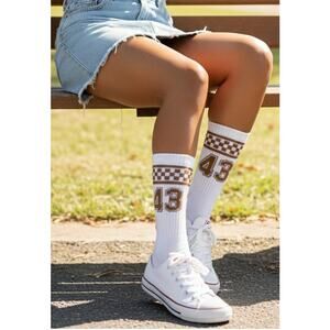Ascot and Hart Womens One Size Crew Socks #43 Retro 70s Ivory Brown Checkerboard